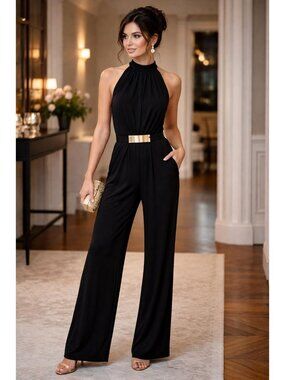 NY & Company Women's Sleeveless Jumpsuit Black Size L Wide Leg Halter Evening Ca